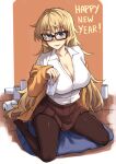  1girl alcohol beer beer_can black-framed_eyewear blonde_hair blue_hair blush breasts brown_legwear brown_skirt can cardigan collared_shirt commentary drunk english_commentary eyebrows_visible_through_hair full_body furi2play! glasses happy_new_year holding holding_can large_breasts long_hair looking_at_viewer margit_(furi2play) new_year no_shoes nose_blush off_shoulder on_floor open_cardigan open_clothes pantyhose partially_unbuttoned peach_(momozen) pillow pleated_skirt shirt sitting skirt sleeves_past_wrists solo wariza white_shirt wooden_floor 