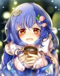  alternate_costume blue_hair coat coffee food_themed_hair_ornament hair_ornament highres hinanawi_tenshi kana_(user_rkuc4823) long_hair open_mouth peach_hair_ornament red_eyes smile snow touhou winter 