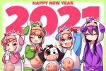  2021 4girls :d ;d ^_^ animal_costume arm_up bangs blue_eyes brown_hair chibi closed_eyes commentary_request cow_costume cup dated doki_doki_literature_club drawstring drinking drinking_glass drinking_straw eyebrows_visible_through_hair facing_viewer green_eyes long_hair looking_at_viewer milk monika_(doki_doki_literature_club) multiple_girls nan_(gokurou) natsuki_(doki_doki_literature_club) new_year one_eye_closed open_mouth pink_eyes pink_hair purple_hair sayori_(doki_doki_literature_club) short_hair sidelocks smile stuffed_cow twitter_username watermark waving yuri_(doki_doki_literature_club) 