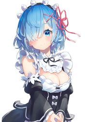  1girl absurdres bangs blue_eyes blue_hair breasts closed_mouth detached_collar detached_sleeves frills hair_ornament hair_over_one_eye hatsuga_(dmaigmai) highres huge_filesize looking_at_viewer maid maid_headdress neck_ribbon puffy_sleeves re:zero_kara_hajimeru_isekai_seikatsu rem_(re:zero) ribbon ribbon_trim roswaal_mansion_maid_uniform short_hair simple_background smile solo upper_body white_background wide_sleeves x_hair_ornament 