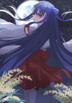  1girl absurdres alternate_costume blue_eyes blush fate/extra fate/extra_ccc fate/grand_order fate_(series) hair_ornament highres japanese_clothes kake_udon long_hair long_sleeves looking_at_viewer meltryllis_(fate) miko moon night purple_hair ribbon skirt sleeves_past_fingers sleeves_past_wrists thigh-highs 