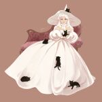  1girl animal black_cat brown_background cat chair dress full_body hat holding holding_animal holding_cat long_hair long_sleeves looking_at_viewer mu_mashu off-shoulder_dress off_shoulder original puffy_long_sleeves puffy_sleeves signature simple_background sitting smile solo white_dress white_hair white_headwear witch_hat 
