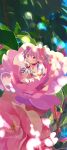  1girl absurdres aqua_eyes big_eyes blue_sky branch choker closed_mouth commentary_request dappled_sunlight day elbow_rest eyebrows_visible_through_hair flower flower_request frills gloves hair_ribbon happy head_rest highres kaname_madoka leaf light_blush light_smile looking_at_viewer mahou_shoujo_madoka_magica minigirl multicolored multicolored_eyes orange_eyes outdoors oversized_flowers oversized_object pink_eyes pink_flower pink_ribbon puffy_short_sleeves puffy_sleeves red_choker red_eyes red_neckwear ribbon sate_(ryu_ryu_1212m) shiny shiny_hair short_sleeves short_twintails sky solo soul_gem sunlight tareme twintails violet_eyes white_gloves wide_shot yellow_eyes 