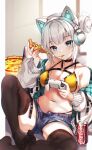  1girl artist_name bangs belt blue_eyes blue_shorts blunt_bangs breasts brown_legwear can cat_ear_headphones coca-cola collarbone commentary controller eating eyebrows_visible_through_hair food game_controller hair_bun headphones holding holding_controller holding_food holding_game_controller holding_pizza kiyochii long_hair looking_at_viewer medium_breasts navel original pizza short_hair shorts silver_hair sitting solo symbol_commentary thigh-highs thighs 
