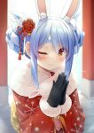  1girl ;&gt; animal_ear_fluff animal_ears artist_name bangs black_gloves blue_hair blurry blurry_background blush bow braid braided_bun brick_floor commentary_request don-chan_(usada_pekora) dot_nose double_bun extra_ears eyebrows_visible_through_hair fur_trim gloves hair_ornament hands_together highres hololive japanese_clothes kimono long_hair long_sleeves looking_at_viewer multicolored_hair new_year one_eye_closed orange_eyes pink_bow rabbit_ears red_kimono sidelocks silver_hair solo thick_eyebrows tokoshibyra two-tone_hair upper_body usada_pekora virtual_youtuber wide_sleeves 