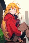  1girl absurdres beads black_sweater blonde_hair brown_pants cio_hakatano cityscape coat commentary from_side hair_beads hair_ornament highres long_hair looking_to_the_side pants red_coat ribbed_sweater sitting smile solo sweater tsurumaki_maki turtleneck very_long_hair voiceroid yellow_eyes 