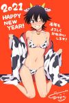  1girl ;d animal_ears animal_print bare_shoulders bell bell_choker bikini black_hair blush breasts choker closed_eyes collarbone copyright_request cow_ears cow_horns cow_print fake_animal_ears fake_horns full_body grin happy_new_year highres horns japanese_clothes kimono kneeling kumadano long_sleeves navel new_year off_shoulder one_eye_closed open_clothes open_kimono open_mouth pink_choker print_kimono red_background ribbon short_hair side-tie_bikini signature simple_background small_breasts smile socks solo stomach swimsuit teeth translation_request violet_eyes white_legwear white_ribbon wide_sleeves 