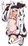  1girl animal_print bangs bell bell_choker bikini blush breasts chawan_(yultutari) choker cow_hood cow_print cowbell fate/kaleid_liner_prisma_illya fate_(series) hair_between_eyes highres illyasviel_von_einzbern long_hair looking_at_viewer navel open_mouth red_eyes sidelocks simple_background small_breasts swimsuit tearing_up thigh-highs translation_request white_background white_hair 