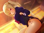  1girl ass black_panties blonde_hair breasts classroom clothes_lift commentary_request lifted_by_self looking_at_viewer original panties pleated_skirt pointy_ears school_uniform serafuku side-tie_panties skirt skirt_lift smile solo twintails underwear violet_eyes yu-ta 
