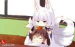  2girls animal_ears aqua_eyes azur_lane black_gloves black_hair chibi commentary_request crossover eyebrows_visible_through_hair eyeshadow fingerless_gloves food fox_ears fox_girl fox_tail fruit gloves japanese_clothes kaga_(battleship)_(azur_lane) kaga_(kantai_collection) kantai_collection kotatsu kyuubi long_hair long_sleeves lying_on_person makeup mandarin_orange multiple_girls multiple_tails namesake short_hair shouji side_ponytail sidelocks sitting sleeping sleeping_on_person sliding_doors table tail taisa_(kari) tasuki tatami triangle_mouth twitter_username white_hair wide_sleeves 