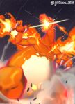  artist_name breathing_fire charizard claws commentary_request fire from_below gen_1_pokemon gigantamax gigantamax_charizard glowing night no_humans outdoors pantheon_eve pokemon pokemon_(creature) sky solo star_(sky) watermark 