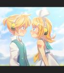  1boy 1girl aqua_collar aqua_jacket bare_shoulders blonde_hair blue_eyes blurry blurry_background blush bow brother_and_sister dress face-to-face grasslands hair_bow hair_ornament hairclip headphones highres hill jacket kagamine_len kagamine_rin leaning_forward looking_at_another nervous profile sailor_collar sailor_dress short_hair short_ponytail siblings sleeveless sleeveless_dress sleeveless_jacket smile twins ukata vocaloid 