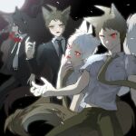  4boys :p ahoge animal_ears bangs black_jacket black_neckwear black_pants breast_pocket brown_hair brown_pants collared_shirt commentary_request dangan_ronpa_(series) dangan_ronpa_2:_goodbye_despair dangan_ronpa_3_(anime) dark_background dual_persona fang fangs finger_to_mouth fox_boy fox_ears fox_tail green_neckwear grin hand_up heterochromia hinata_hajime hinata_hajime_(awakened) jacket kamukura_izuru long_hair looking_at_viewer male_focus moon multiple_boys necktie open_mouth pants pocket red_eyes shirt short_hair smile sparkling_eyes spoilers tail tongue tongue_out tuteurfars_shin very_long_hair white_hair yellow_eyes 