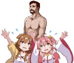  1boy 2girls ahoge artist_request beard braid breasts brown_eyes brown_hair choker completely_nude d: detached_sleeves facial_hair flying_sweatdrops green_eyes hair_ornament hairclip highres hololive inugami_korone jacket large_breasts long_sleeves multiple_girls nude open_clothes open_jacket open_mouth pink_hair red_choker sakura_miko shirt short_hair simple_background source_request twin_braids white_background white_shirt x_hair_ornament yellow_jacket 