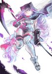  1girl armor black_gloves bow cape character_request copyright_request full_body gloves hair_bow hood hood_up long_hair low-tied_long_hair mu_mashu pink_bow pink_eyes purple_hair scythe solo thigh-highs very_long_hair 