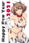  1girl 2021 animal_ears animal_print bell bikini breasts brown_hair collar commentary_request cow_ears cow_horns cow_print cowbell cowboy_shot elbow_gloves fake_animal_ears fake_horns gloves green_eyes happy_new_year horns kantai_collection large_breasts looking_at_viewer mutsu_(kantai_collection) new_year parted_lips short_hair side-tie_bikini smile solo swimsuit thigh-highs uzuki_kosuke white_bikini white_gloves white_legwear 