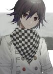  1boy bangs black_eyes checkered checkered_neckwear checkered_scarf closed_mouth commentary_request dangan_ronpa_(series) dangan_ronpa_v3:_killing_harmony grey_background hair_between_eyes highres long_sleeves looking_at_viewer male_focus ouma_kokichi scarf short_hair solo straitjacket una_matida upper_body white_background 