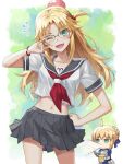2girls artoria_pendragon_(all) bangs blonde_hair blush breasts fang fate/apocrypha fate/stay_night fate_(series) glasses green_eyes highres inner_miniskirt long_hair looking_at_viewer miniskirt mordred_(fate) mordred_(fate)_(all) multiple_girls navel neckerchief one_eye_closed open_mouth parted_bangs saber sailor_collar school_uniform serafuku shirt sidelocks skirt small_breasts smile thighs tonee white_shirt