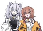  2girls animal_ears black_jacket bone_hair_ornament braid breasts collar dog_ears dog_girl ear_piercing fang grey_eyes grey_hair hair_between_eyes hair_ornament hairclip highres hololive inugami_korone jacket kurokasaneru lion_ears lion_girl long_hair looking_down looking_up medium_breasts medium_hair multiple_girls off_shoulder open_mouth piercing pink_collar shishiro_botan sweater twin_braids virtual_youtuber yellow_sweater 