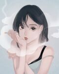  1girl bangs black_eyes black_hair cigarette grey_background highres looking_at_viewer mu_mashu original parted_lips short_hair simple_background smoking solo strap_slip upper_body 