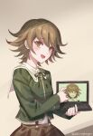  1boy :d alter_ego artist_name bangs beige_background blush brown_eyes brown_hair brown_skirt closed_eyes computer cowboy_shot crossdressinging dangan_ronpa:_trigger_happy_havoc dangan_ronpa_(series) ewa_(seraphhuiyu) fujisaki_chihiro green_shirt grin highres holding holding_laptop laptop long_sleeves looking_at_viewer male_focus open_mouth otoko_no_ko pointing ribbon shirt short_hair skirt smile symbol_commentary 