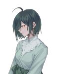  1girl ahoge bangs black_hair blouse breasts brown_eyes closed_mouth collared_shirt commentary_request dangan_ronpa_(series) dangan_ronpa_v3:_killing_harmony ewa_(seraphhuiyu) from_side genderswap genderswap_(mtf) green_hair green_skirt grey_background hair_between_eyes highres long_sleeves looking_away looking_down medium_breasts parted_lips profile saihara_shuuichi shirt short_hair simple_background skirt solo upper_body white_background white_shirt yellow_eyes 