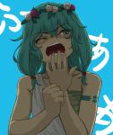  1girl angel angel_wings blue_background flower fusianas green_eyes green_hair head_wreath highres long_hair looking_at_viewer one_eye_closed open_mouth original solo tattoo tears teeth toga wings yawning 