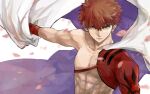  1boy emiya_shirou fate/grand_order fate_(series) highres igote limited/zero_over looking_at_viewer male_focus outstretched_arm petals redhead sengo_muramasa_(fate) shiraishi_(siraisi00) shirtless solo toned toned_male upper_body wristband yellow_eyes 