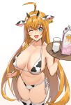  1girl ;d absurdres ahoge animal_ears animal_print aqua_eyes bikini blush breasts collarbone commentary_request cow_ears cow_horns cow_print ear_tag eyebrows_visible_through_hair fake_animal_ears glass gradient gradient_background hairband highres holding horns icarus_(632247131) large_breasts long_hair looking_at_viewer milk milk_carton navel one_eye_closed open_mouth orange_hair pecorine_(princess_connect!) princess_connect! princess_connect!_re:dive smile solo swimsuit thigh-highs very_long_hair white_background white_hairband white_legwear 