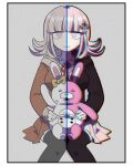  1girl bangs black_legwear blunt_bangs border breasts brown_jacket brown_skirt closed_mouth dangan_ronpa_(series) dangan_ronpa_2:_goodbye_despair dangan_ronpa_3_(anime) diaper ear_ribbon feet_out_of_frame flipped_hair furukawa_(yomawari) grey_background hair_ornament hairclip hand_up highres holding hope&#039;s_peak_academy_school_uniform jacket large_breasts light_brown_hair long_sleeves looking_at_viewer monomi_(dangan_ronpa) nanami_chiaki official_alternate_costume on_lap pink_hair pink_ribbon pleated_skirt red_ribbon ribbon school_uniform shiny shiny_hair shirt sitting skirt smile solo spaceship_hair_ornament split_theme stuffed_animal stuffed_bunny stuffed_toy thigh-highs white_border 