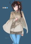  1girl ahoge beige_coat beige_sweater black_hair blue_eyes blue_legwear braid coat color_guide commentary_request cowboy_shot grey_background grey_shorts hair_flaps hair_over_shoulder highres kantai_collection long_hair looking_to_the_side pantyhose remodel_(kantai_collection) shigure_(kantai_collection) shorts single_braid solo sugue_tettou 