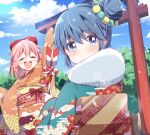  2girls bangs blue_eyes blue_hair blush closed_eyes day eyebrows_visible_through_hair floral_print fur_collar furisode hair_bun highres japanese_clothes kagamihara_nadeshiko kimono long_hair multiple_girls nengajou new_year obi open_mouth outdoors pink_hair print_kimono sash shima_rin short_hair torii tree urara_(sumairuclover) yurucamp 