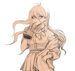  1girl antenna_hair bangs bubble_tea collared_shirt dangan_ronpa_(series) dangan_ronpa_v3:_killing_harmony drinking_straw drinking_straw_in_mouth hair_between_eyes hand_in_pocket highres jacket no_(xpxz7347) pleated_skirt shirt shirt_tucked_in skirt solo 