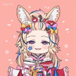  +_+ 1girl animal_ear_fluff animal_ears bandaid bandaid_on_face blush_stickers bow chibi commentary_request forehead hair_bow hair_ornament hairpin hololive japanese_clothes kimono kukie-nyan multicolored multicolored_clothes multicolored_hair multicolored_nails omaru_polka polka_dot polka_dot_bow sidelocks sleeveless sleeveless_kimono solo star-shaped_pupils star_(symbol) streaked_hair symbol-shaped_pupils twitter_username violet_eyes virtual_youtuber 