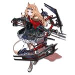  1girl alchemaniac animal_ears archetto_(arknights) arknights blue_eyes boots bow_(weapon) brown_hair compound_bow dress epaulettes forehead grey_dress grey_footwear heterochromia holding holding_bow_(weapon) holding_weapon long_hair looking_at_viewer official_art petticoat red_eyes short_dress solo tail transparent_background weapon 