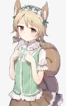  1girl 3: animal_ear_fluff animal_ears brown_eyes brown_skirt commentary extra_ears eyebrows_visible_through_hair frilled_shirt_collar frills frown green_shirt grey_background headdress highres idolmaster idolmaster_cinderella_girls light_brown_hair looking_at_viewer medium_hair morikubo_nono ringlets shirt shone short_sleeves simple_background skirt solo squirrel_ears squirrel_girl squirrel_tail tail twiddling_fingers 