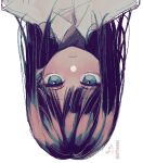  1girl bangs black_hair blue_eyes closed_mouth collared_shirt dress_shirt long_hair looking_at_viewer original shirt signature simple_background sofra solo twitter_username upside-down white_background white_shirt 