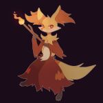  absurdres animal_ear_fluff animal_ears artist_name black_background burning delphox english_commentary fire fox_ears fox_tail gen_6_pokemon highres holding holding_stick looking_at_viewer multicolored_fur outline pokemon red_eyes simple_background smile solo standing stick tail verfyhi white_outline 