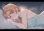  1girl alp bangs bare_shoulders bed blush breasts brown_hair dress eyebrows_visible_through_hair koizumi_hanayo looking_at_viewer love_live! love_live!_school_idol_project lying night on_side short_hair smile solo violet_eyes 