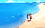  1girl beach blue_sky clouds day footprints lifting long_hair ocean original outdoors sand shore shorts sky tank_top ushi_(newrein) water 