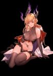  1girl black_background breasts brown_eyes brown_hair elbow_gloves gloves granblue_fantasy highres large_breasts long_hair midriff signature song_(granblue_fantasy) swd3e2 thigh-highs 