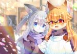  2girls :d ahoge animal_ear_fluff animal_ears aran_sweater bangs black-framed_eyewear black_jacket blonde_hair blue_eyes blurry blurry_background blush closed_mouth commentary_request depth_of_field drawstring eyebrows_visible_through_hair fangs furry glasses hair_between_eyes hair_bobbles hair_ornament holding holding_clothes hood hood_down hoodie indoors jacket kouu_hiyoyo long_hair long_sleeves multiple_girls one_side_up open_mouth original over-rim_eyewear red_eyes ribbed_sweater semi-rimless_eyewear silver_hair sleeves_past_wrists smile sweater turtleneck turtleneck_sweater upper_body very_long_hair white_hoodie white_sweater 