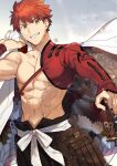  1boy abs emiya_shirou fate/grand_order fate_(series) flower highres igote katana limited/zero_over male_focus muscular nikame orange_hair sengo_muramasa_(fate) shirtless signature smile solo sword upper_body weapon yellow_eyes 