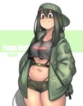  1girl alternate_costume asui_tsuyu backwards_hat baggy_clothes bandaid bandaid_on_face baseball_cap black_eyes black_hair black_shorts boku_no_hero_academia bow_by_hair breasts casual character_name crop_top crop_top_overhang frog_girl green_headwear green_jacket hair_rings hands_in_pockets hat highleg highleg_panties highres jacket kelvin_hiu long_hair low-tied_long_hair medium_breasts navel open_clothes open_jacket panties short_shorts shorts solo standing underwear very_long_hair wide_hips 