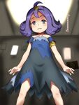  1girl :3 acerola_(pokemon) armlet blue_eyes blush closed_mouth collarbone dress e10 flipped_hair hair_ornament looking_at_viewer medium_hair pokemon pokemon_(game) pokemon_sm purple_hair smile solo 