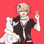  1boy bangs bear_hair_ornament black_choker black_shirt blonde_hair choker collarbone cowboy_shot dangan_ronpa:_trigger_happy_havoc dangan_ronpa_(series) enoshima_junko eyebrows_visible_through_hair genderswap genderswap_(ftm) hair_between_eyes hair_ornament highres holding hug looking_at_viewer loose_necktie male_focus monokuma nail_polish necktie no_(xpxz7347) open_mouth red_background red_nails red_skirt shirt short_sleeves simple_background sketch skirt smile solo upper_body v violet_eyes 