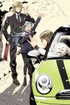  1girl 2boys :d ^_^ ai:_the_somnium_files aqua_hair black_neckwear black_suit brown_hair car closed_eyes collared_shirt date_kaname formal ground_vehicle highres long_sleeves motor_vehicle multiple_boys nametake_cheese necktie okiura_mizuki okiura_renjuu open_mouth outdoors school_uniform shirt smile suit tree watch watch waving white_background white_tree 