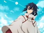  1boy black_eyes black_hair chu_yoru-shina clouds feathers fingerless_gloves gloves gundam gundam_build_divers gundam_build_divers_re:rise hair_behind_ear hair_between_eyes kuga_hiroto looking_down male_focus moon poncho sky smile tied_hair 