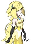  1girl ayakadegozans bangs bare_shoulders black_gloves blonde_hair breasts dress elbow_gloves gloves green_eyes hair_ornament highres long_hair looking_at_viewer lusamine_(pokemon) parted_lips pokemon pokemon_(game) pokemon_sm simple_background sleeveless sleeveless_dress solo white_background 