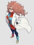  1girl android_21 breasts checkered checkered_dress dragon_ball dragon_ball_fighterz dress full_body glasses hair_between_eyes hands_in_pockets kemachiku labcoat long_hair looking_at_viewer medium_breasts red_eyes red_ribbon_army redhead smile solo standing 